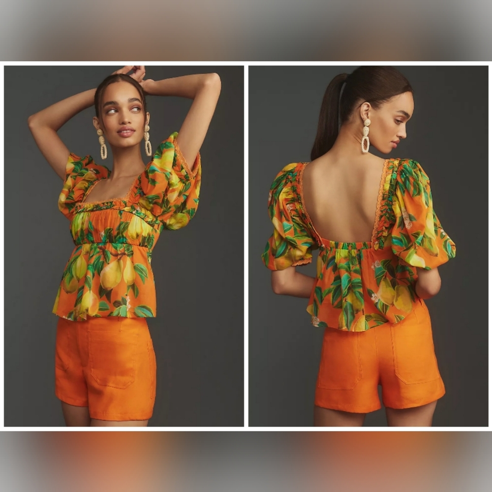 NWT Farm Rio x Anthropologie Orange Chic Pears Short-Sleeve Puff-Sleeve Blouse